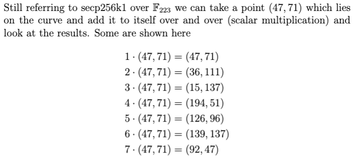 The first seven scalar multiples of the point 47 comma 71 on secp256k1 over the field modulo 223.