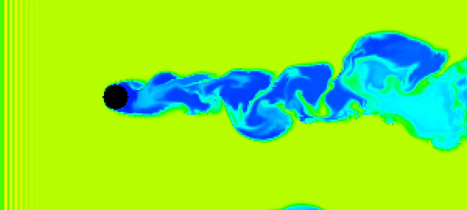 Smoke visualization of a developed Karman vortex street flowing around a circular obstacle.