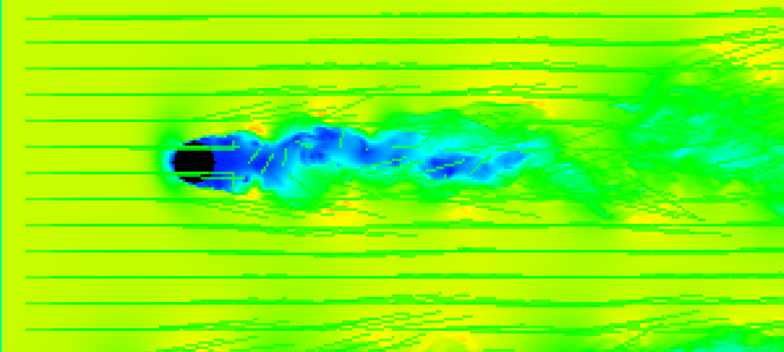 Velocity-magnitude visualization of the same Karman wake with green velocity arrows overlaid.